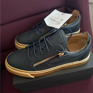 Giuseppe Zanotti Navy Leather Sneakers with Gold Accents